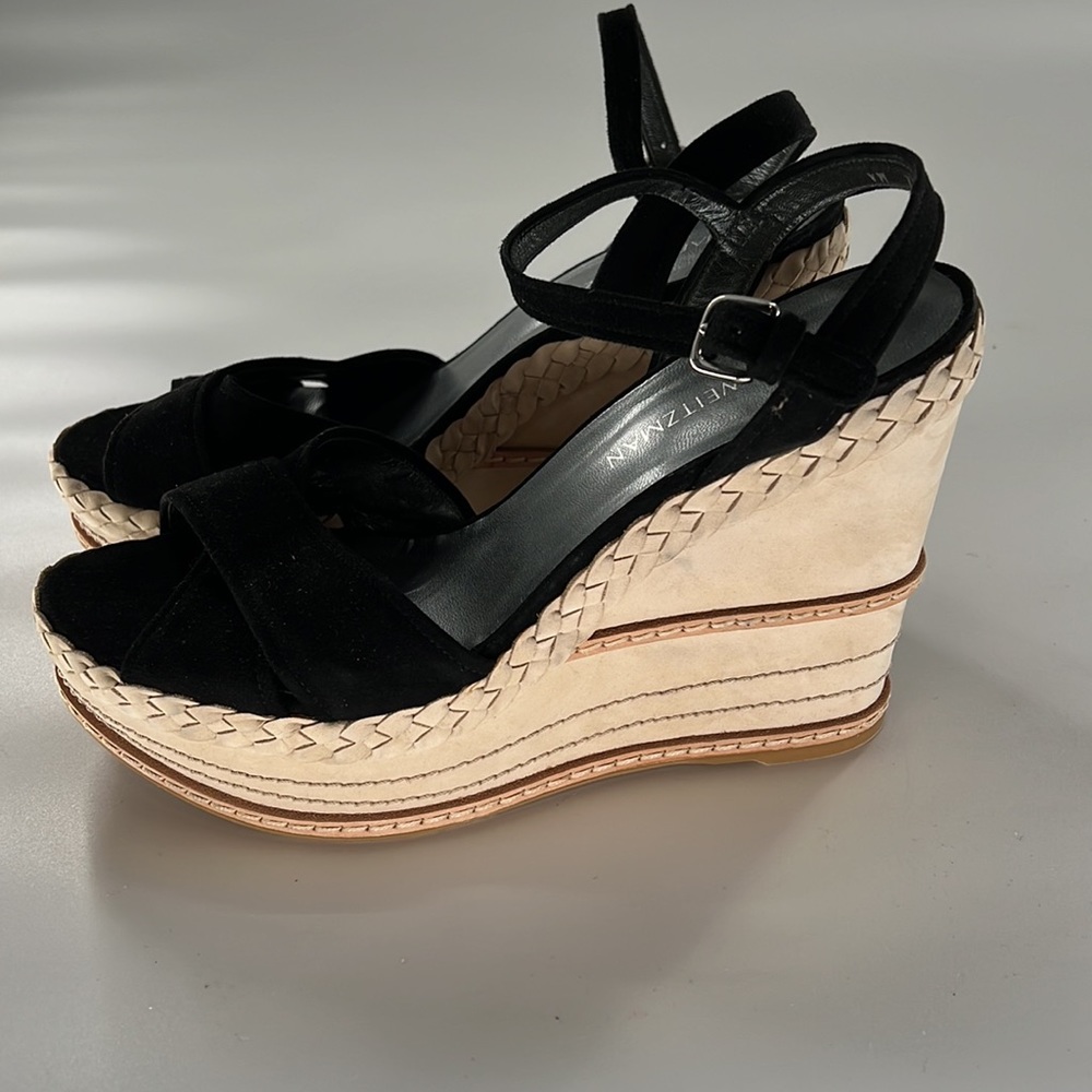 Stuart Weitzman Black Suede and Natural Wedge Sandals